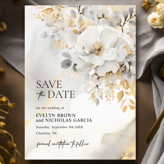Elegant Flower Peony Guld Grått Black Bröllop Spara Datumet (Elegant Flower Peony Gold Grey Black Wedding Save The Date)