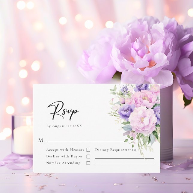 Elegant Flower Peony Lavender Rosa Bröllop OSA Kort (Elegant Flower Peony Lavender Pink Wedding RSVP Card)