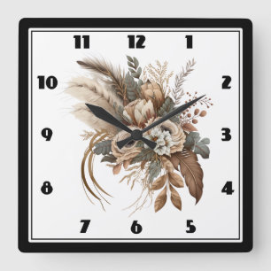 Elegant Flowers Foliage and Feathers Fyrkantig Klocka