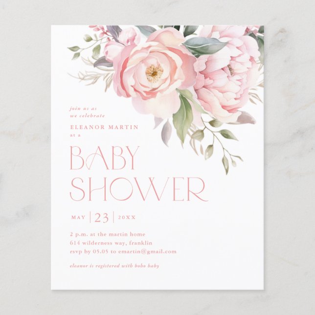 Elegant Flowers Garden Budget Baby Shower Inbjudan (Framsida)