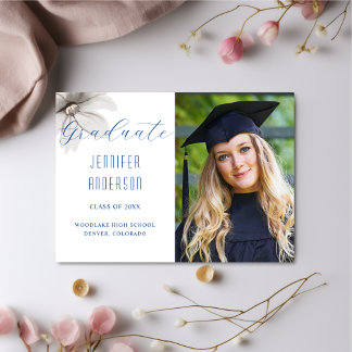 Elegant Flowers Grad Photo Announcement Blue Meddelande