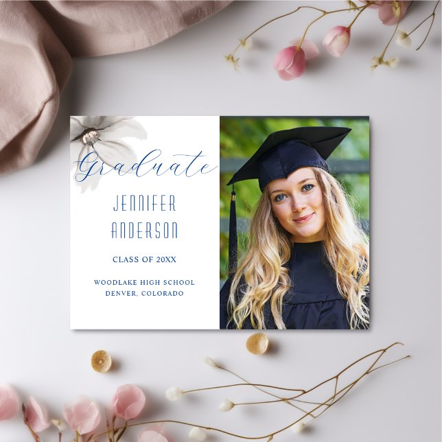 Elegant Flowers Grad Photo Announcement Blue Meddelande (Skapare uppladdad)