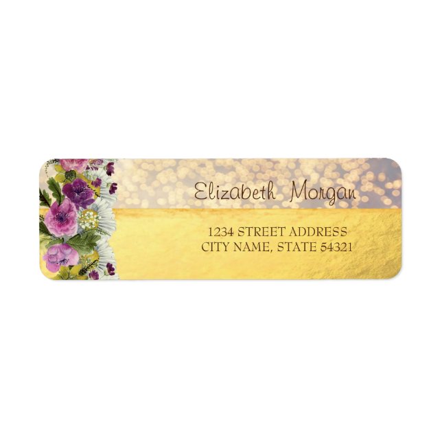 Elegant Flowers Guld,Bokeh Address Label Returadress Etikett (Framsidan)