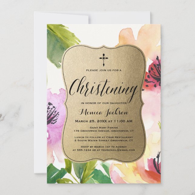 Elegant Flowers Guld | Christening Inbjudningar (Framsida)