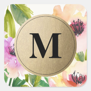 Elegant Flowers Guld Monogram Favoritetiketter Fyrkantigt Klistermärke