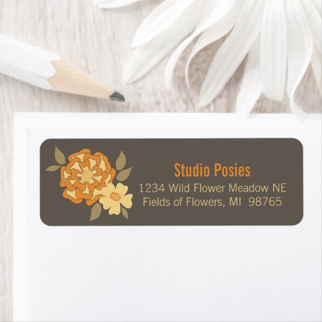 Elegant Flowers Gult Brown Botanical Stationery Returadress Etikett (Insitu)