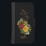 Elegant Flowers och Guld Scrollsar Galaxy S4 Plånbok<br><div class="desc">Rik färg av gult och röd ros och tillhörde vitt och blåa blommor med guld löv och scrollsar mot svart bakgrund.</div>