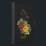 Elegant Flowers och Guld Scrollsar Galaxy S4 Plånbok<br><div class="desc">Rik färg av gult och röd ros och tillhörde vitt och blåa blommor med guld löv och scrollsar mot svart bakgrund.</div>