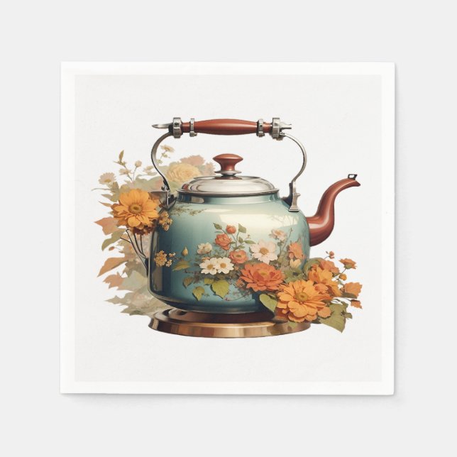 Elegant Flowers Tea Pot Coffee Cute Setting Bord Pappersservett (Framsidan)