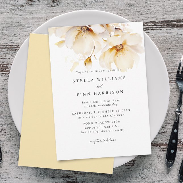 Elegant Flowers White Gult Guld Bröllop Inbjudningar (Elegant Flowers White Yellow Gold Wedding Invitation)