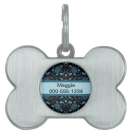 Elegant Flowery Black and Teal Damask ID-bricka Husdjur