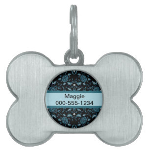 Elegant Flowery Black and Teal Damask ID-bricka Husdjur