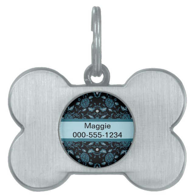 Elegant Flowery Black and Teal Damask ID-bricka Husdjur (Framsidan)
