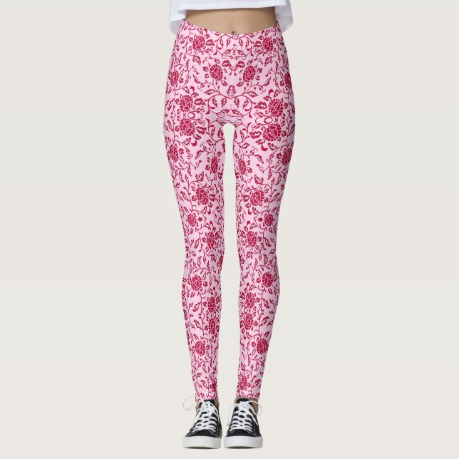 Elegant Flowery Rosa and Red Damask Leggings (Framsida)