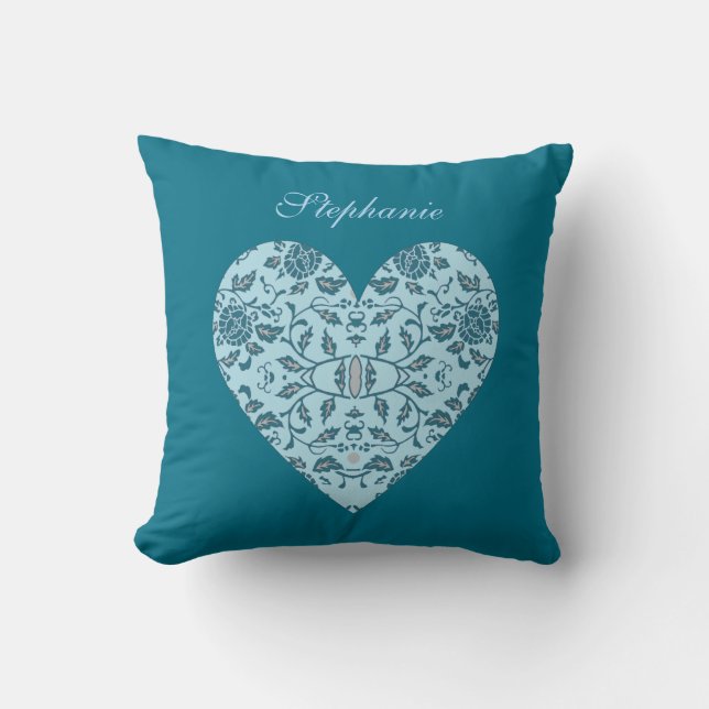 Elegant Flowery Teal Damask Heart Kudde (Framsida)