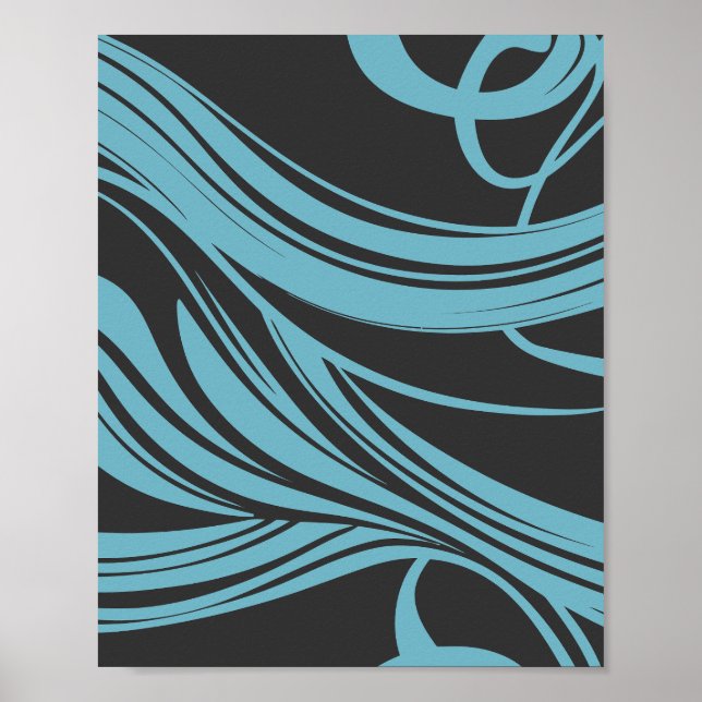 Elegant Flowing Linjer i Turquise on Black Poster (Framsidan)