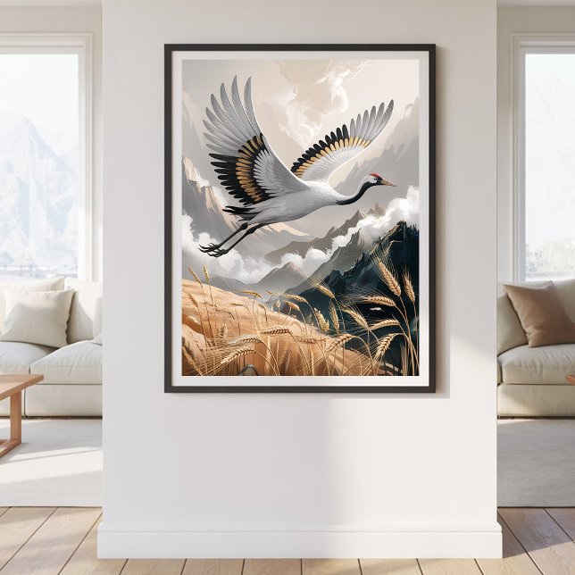 Elegant Flying Crane Over Golden Wheat Landscape   Poster (Skapare uppladdad)