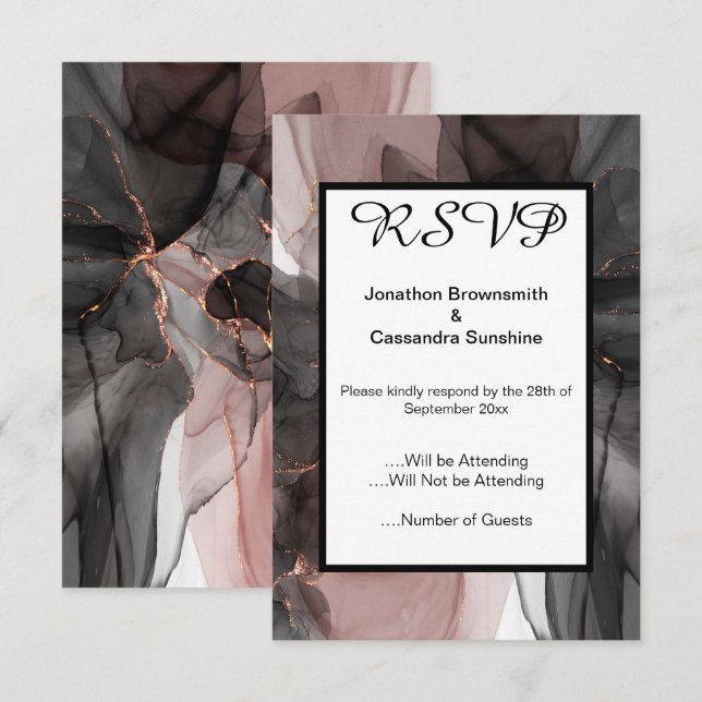 ELEGANT FLYTANDE SVART ROSA RSVP INBJUDNINGAR (Fram/baksida)