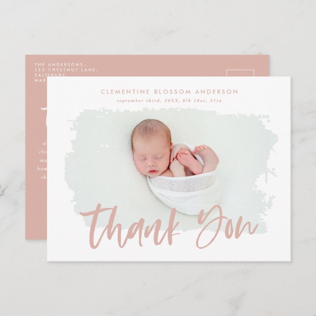 Elegant födelseannons fototack tack meddelande vykort (Fram/baksida)