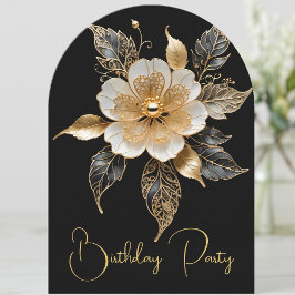 Elegant Födelsedag Guld Svart Vit Blomma Inbjudningar