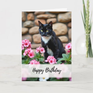 Elegant födelsedag Svart Katt Blommig Kort