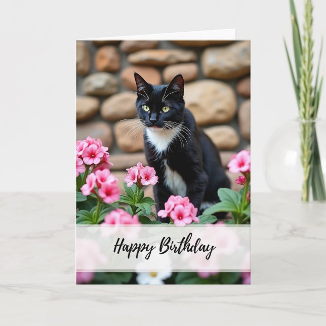 Elegant födelsedag Svart Katt Blommig Kort (Framsida)