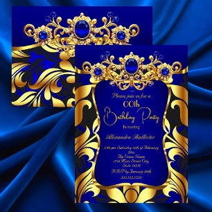 Elegant födelsedagsfest Blå Guld Svart Damask Gems Inbjudningar