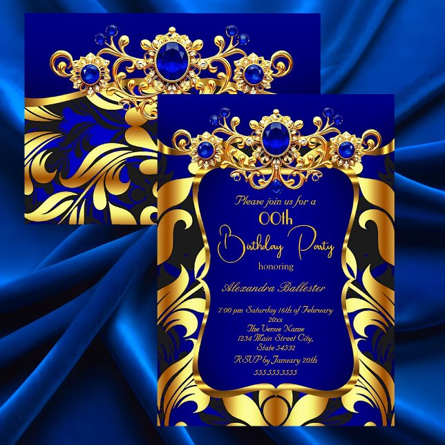 Elegant födelsedagsfest Blå Guld Svart Damask Gems Inbjudningar (Skapare uppladdad)