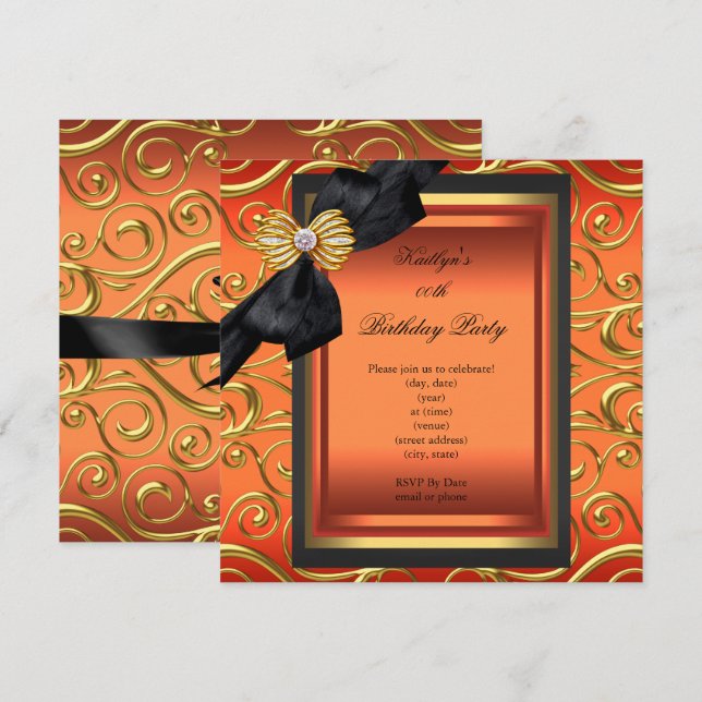 Elegant födelsedagsfest Black Damask Orange Guld Inbjudningar (Fram/baksida)