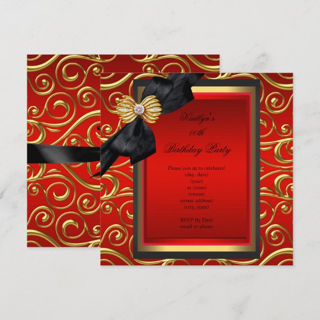 Elegant födelsedagsfest Black Damask Red Guld Inbjudningar (Fram/baksida)