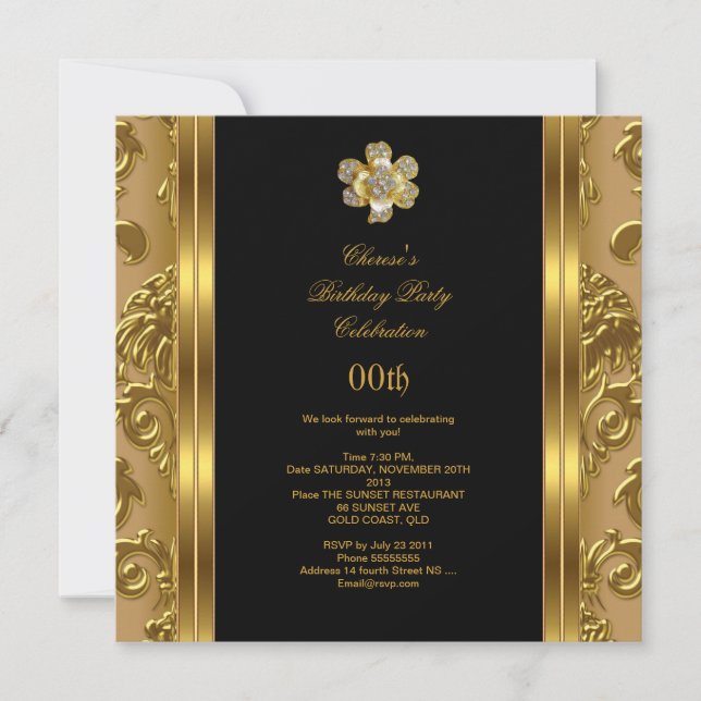 Elegant födelsedagsfest Damask Guld Diamond Black  Inbjudningar (Framsida)