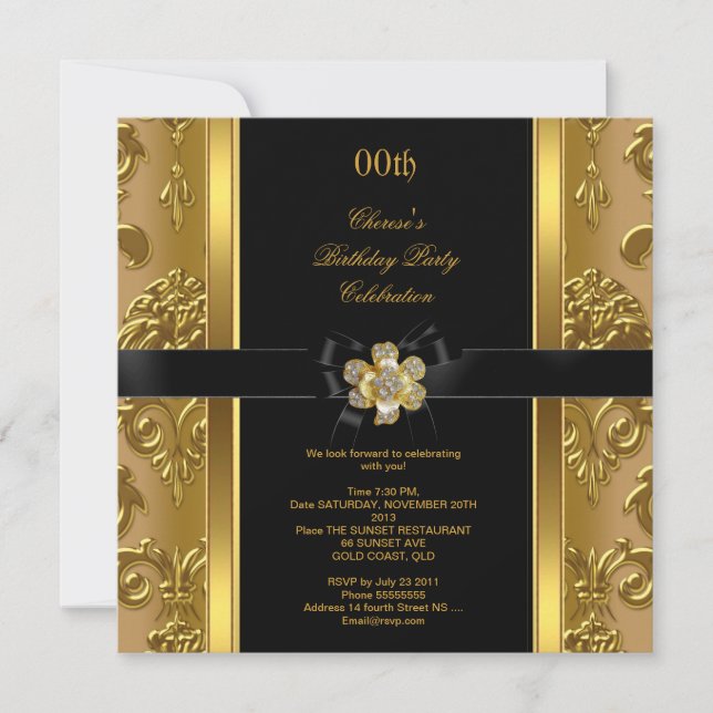 Elegant födelsedagsfest Damask Guld Diamond Black  Inbjudningar (Framsida)