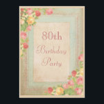 Elegant födelsedagsfest för vintagero 80th inbjudningar<br><div class="desc">80th födelsedagsfest inbjudan för elegantpersonliganpassningsbar för kvinnor. Härliga, romantiska, för vintagecollageshabby chic för konst för illustration gulliga rosor, gult och röd rosblommaramen på utsmyckad nätt en bedrövade vintagesolbränna och pastellfärgad blått, den grungy åldrig antik ledgeren/journalpappersdubbla sid åttionde/för åttioår gammala/80 år gammala födelsedagsfestinbjudan för kvinnor. Snyggt flott, moderiktigt, glamoröst som är...</div>