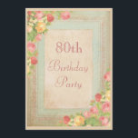 Elegant födelsedagsfest för vintagero 80th inbjudningar<br><div class="desc">80th födelsedagsfest inbjudan för elegantpersonliganpassningsbar för kvinnor. Härliga, romantiska, för vintagecollageshabby chic för konst för illustration gulliga rosor, gult och röd rosblommaramen på utsmyckad nätt en bedrövade vintagesolbränna och pastellfärgad blått, den grungy åldrig antik ledgeren/journalpappersdubbla sid åttionde/för åttioår gammala/80 år gammala födelsedagsfestinbjudan för kvinnor. Snyggt flott, moderiktigt, glamoröst som är...</div>