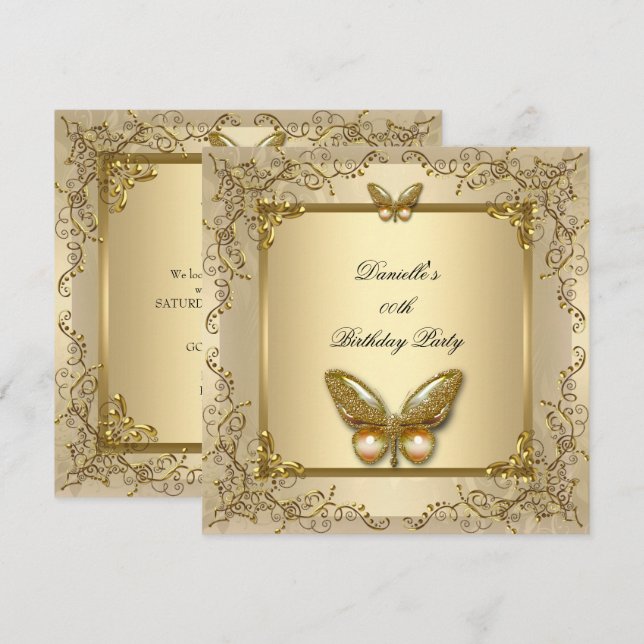 Elegant födelsedagsfest Guld Beige Fjäril Inbjudningar (Fram/baksida)