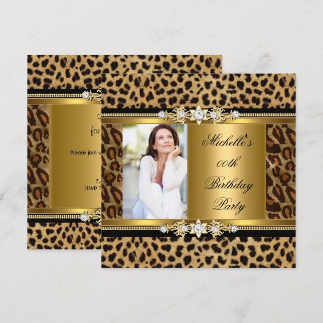 Elegant Födelsedagsfest Guld Svart Leopard Inbjudningar (Fram/baksida)