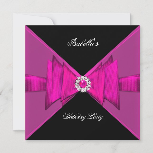 Elegant födelsedagsfest Hot Pink Svart Diamant Inbjudningar (Framsida)