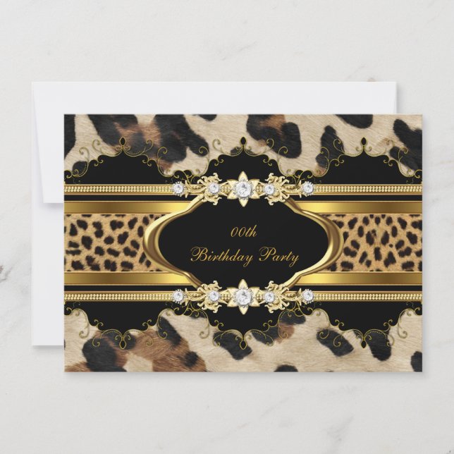 Elegant Födelsedagsfest Leopard Guld Djur Inbjudningar (Framsida)