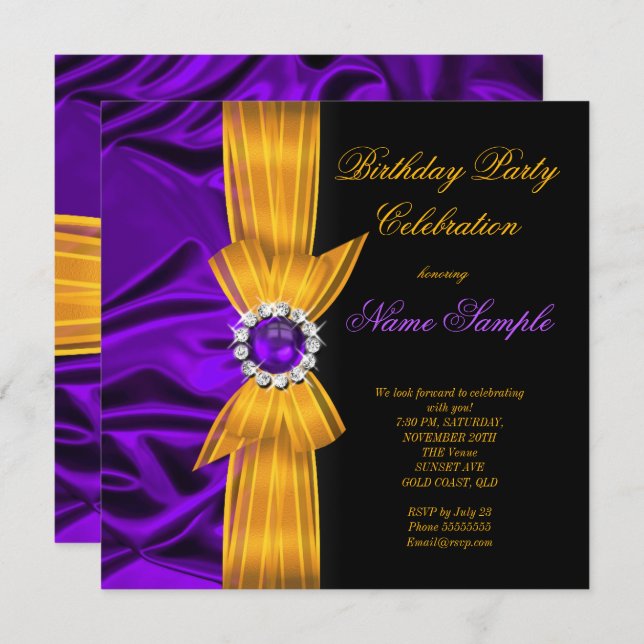 ELEGANT FÖDELSEDAGSFEST LILA SILKE GULT ORANGE 2 INBJUDNINGAR (Fram/baksida)