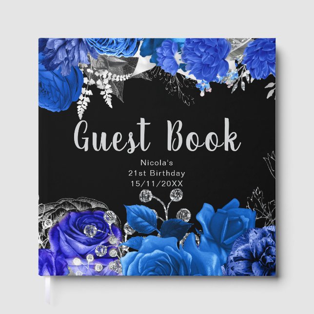 Elegant födelsedagsfest med blå och silverblommor gästböcker (Framsida)