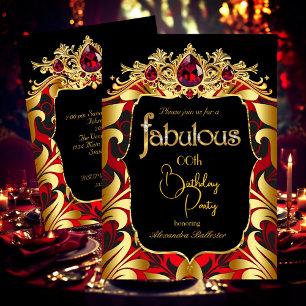 Elegant födelsedagsfest Röd Guld Svart Damask Gems Inbjudningar