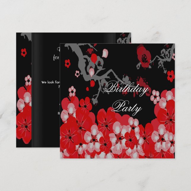 Elegant födelsedagsfest Röd Svart Asiatisk Blomma Inbjudningar (Fram/baksida)