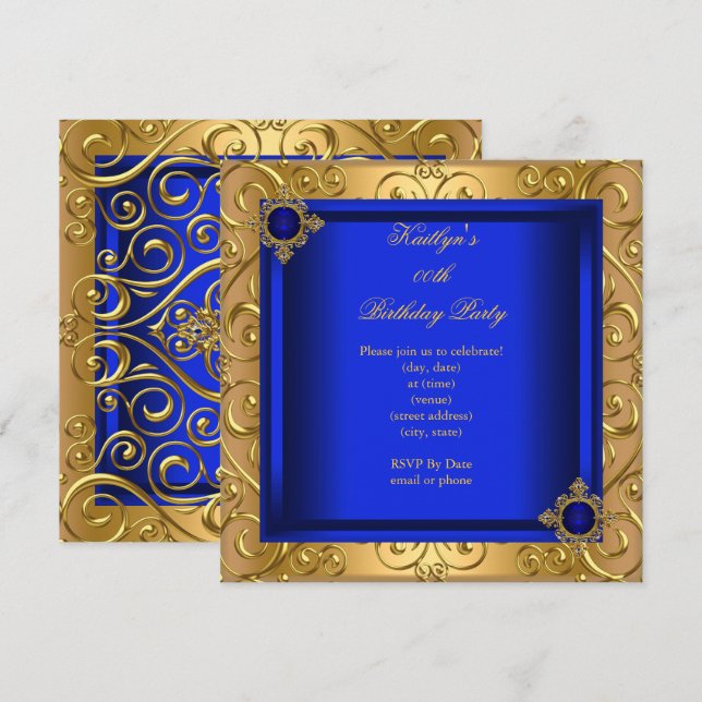 Elegant födelsedagsfest Royal Blue Damask Guld Inbjudningar (Fram/baksida)
