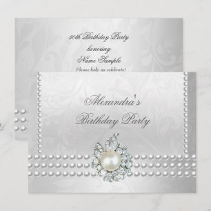 Elegant födelsedagsfest silver vit diamant pärlor inbjudningar