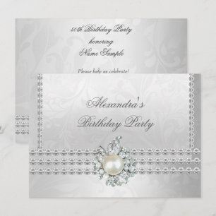 Elegant födelsedagsfest silver vit diamantpärlor inbjudningar