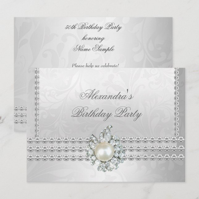 Elegant födelsedagsfest silver vit diamantpärlor inbjudningar (Fram/baksida)