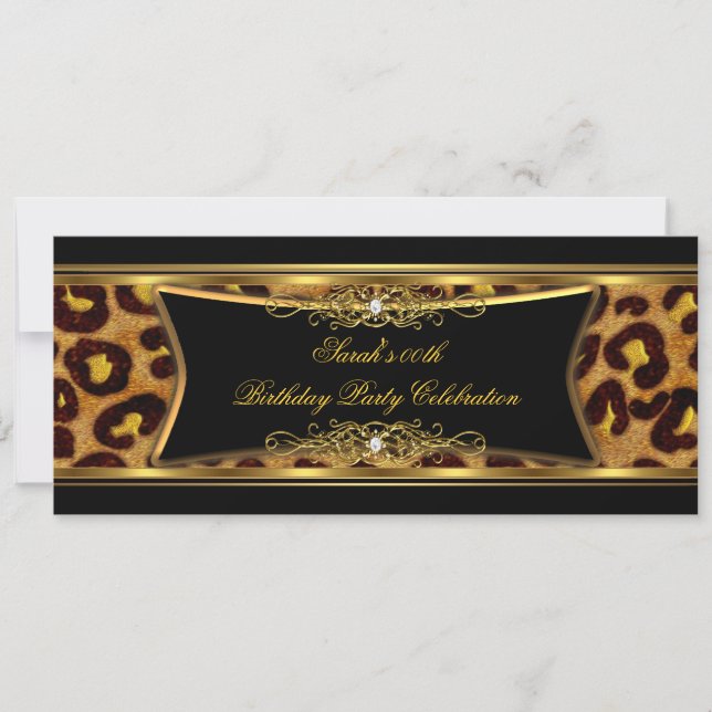 Elegant födelsedagsfest Svart Guld Leopard Inbjudningar (Framsida)