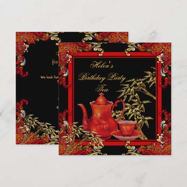 Elegant födelsedagsfest Tea röd guld Bambu Inbjudningar (Fram/baksida)