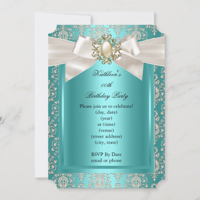 Elegant Födelsedagsfest Teal Damask Pärl Kräm 2 Inbjudningar (Framsida)