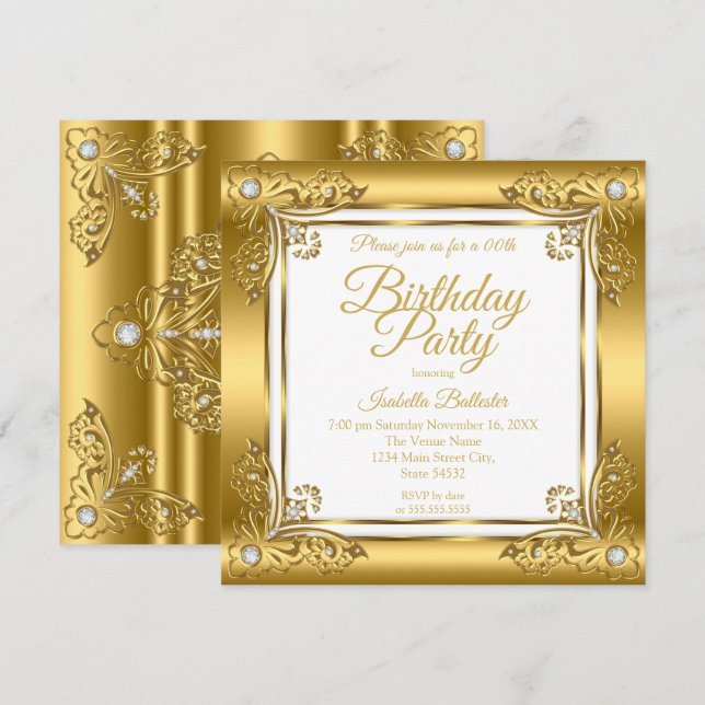 Elegant födelsedagsfest utsmyckad guld diamant äde inbjudningar (Fram/baksida)